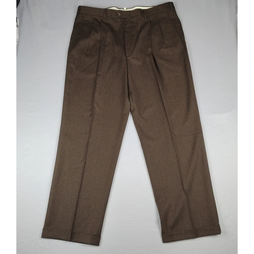 VTG Claiborne Dress Pants Mens 42x32 Brown 100% Worsted Wool Pleated Cuffed NWOT